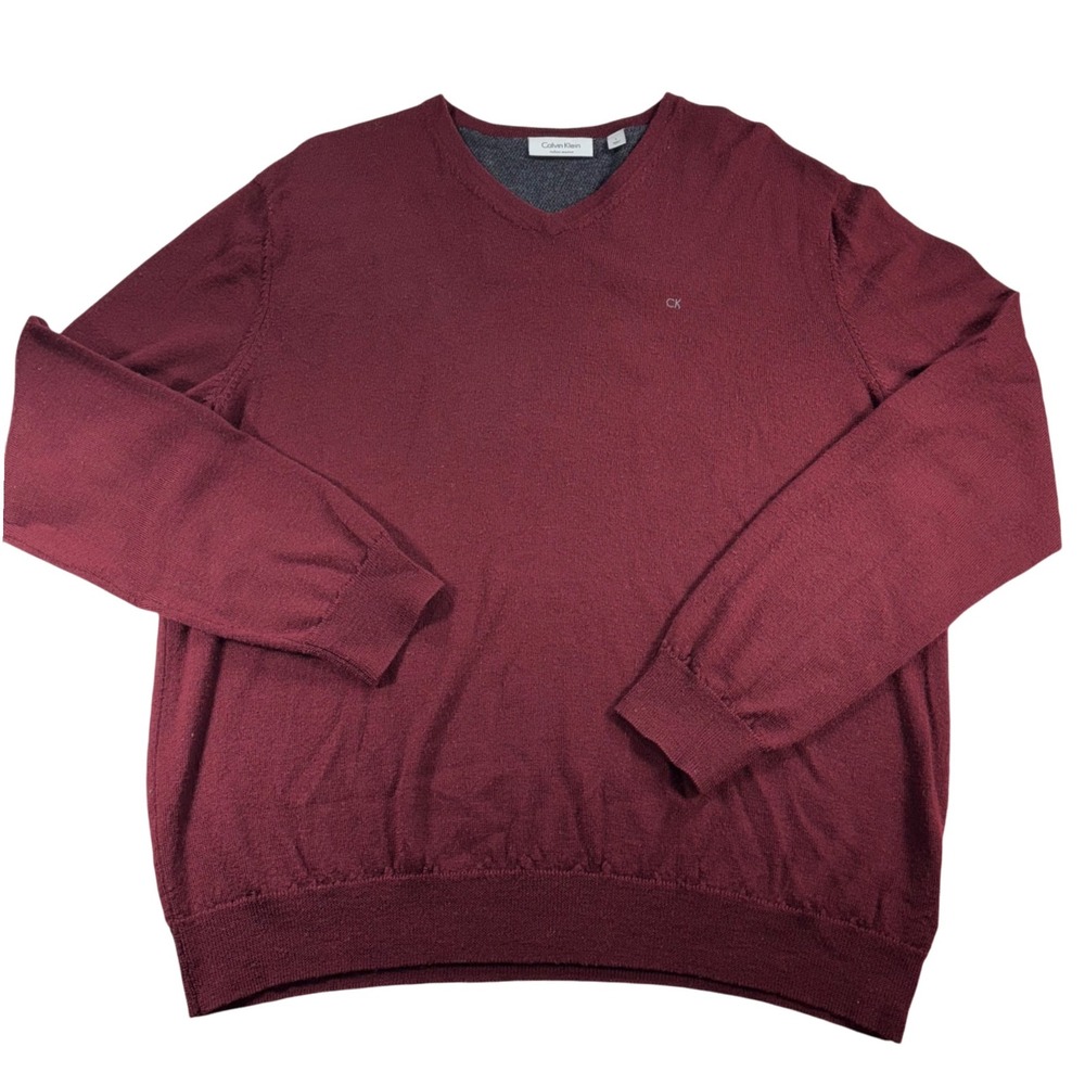 Calvin Klein Italian Merino V Neck Sweater Mens Large Burgundy CK Knit Pullover